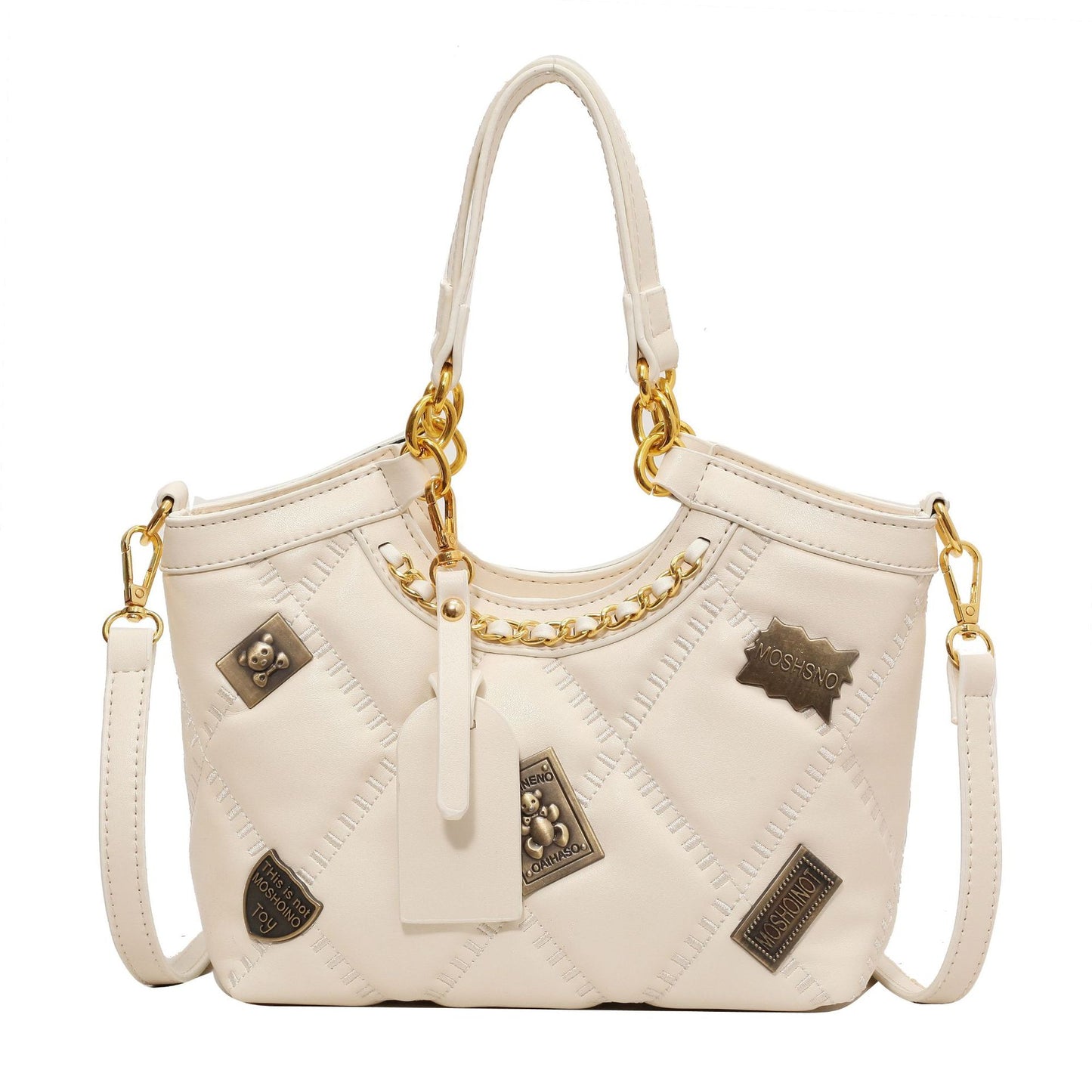 Bolso cruzado de hombro con insignia y patrón de diamantes, rara vez visto