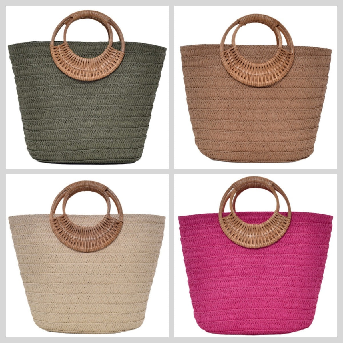 Bolso de mano de paja con diseño sencillo y asa redonda de gran capacidad para mujer
