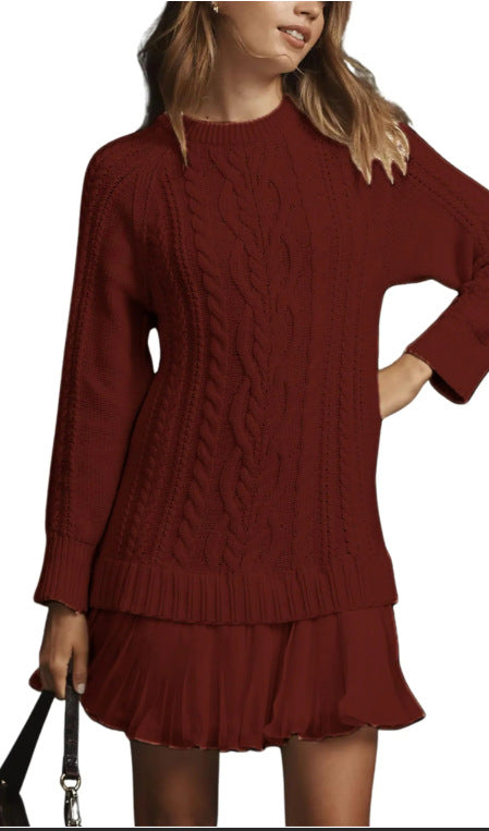 25 Autumn Europe And America Cross Border Amazon Independent Station AliExpress Solid Color Knitted Long Sleeve Pullover Stitching Pleated Dress