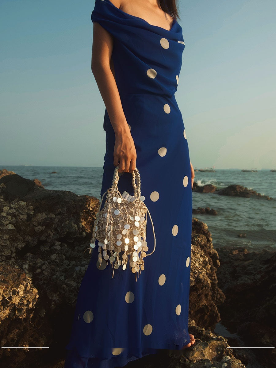Bolso de mano elegante con forma de concha, diseño retro francés, lentejuelas, tejido, borlas y algodón-lino.