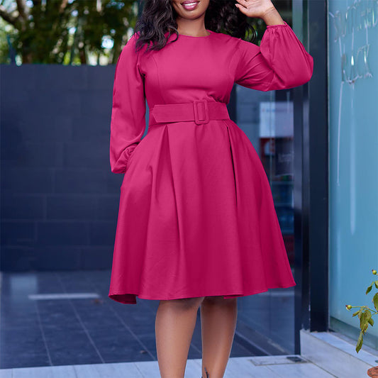 With Belt Long Sleeve Elegant Graceful Round Neck Large Swing Dress