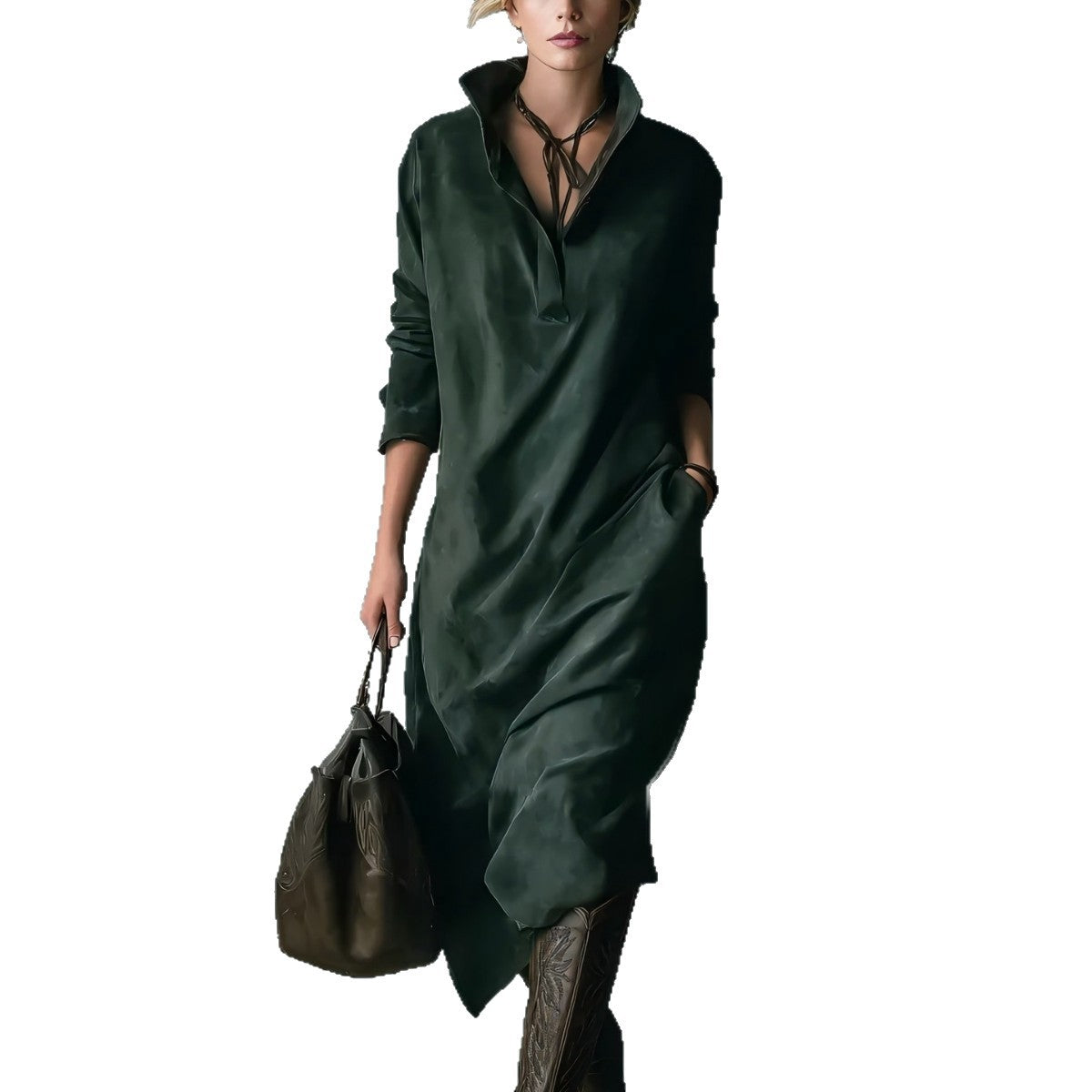 Suede Loose Casual Solid Color Long Sleeve Mid-length Dress