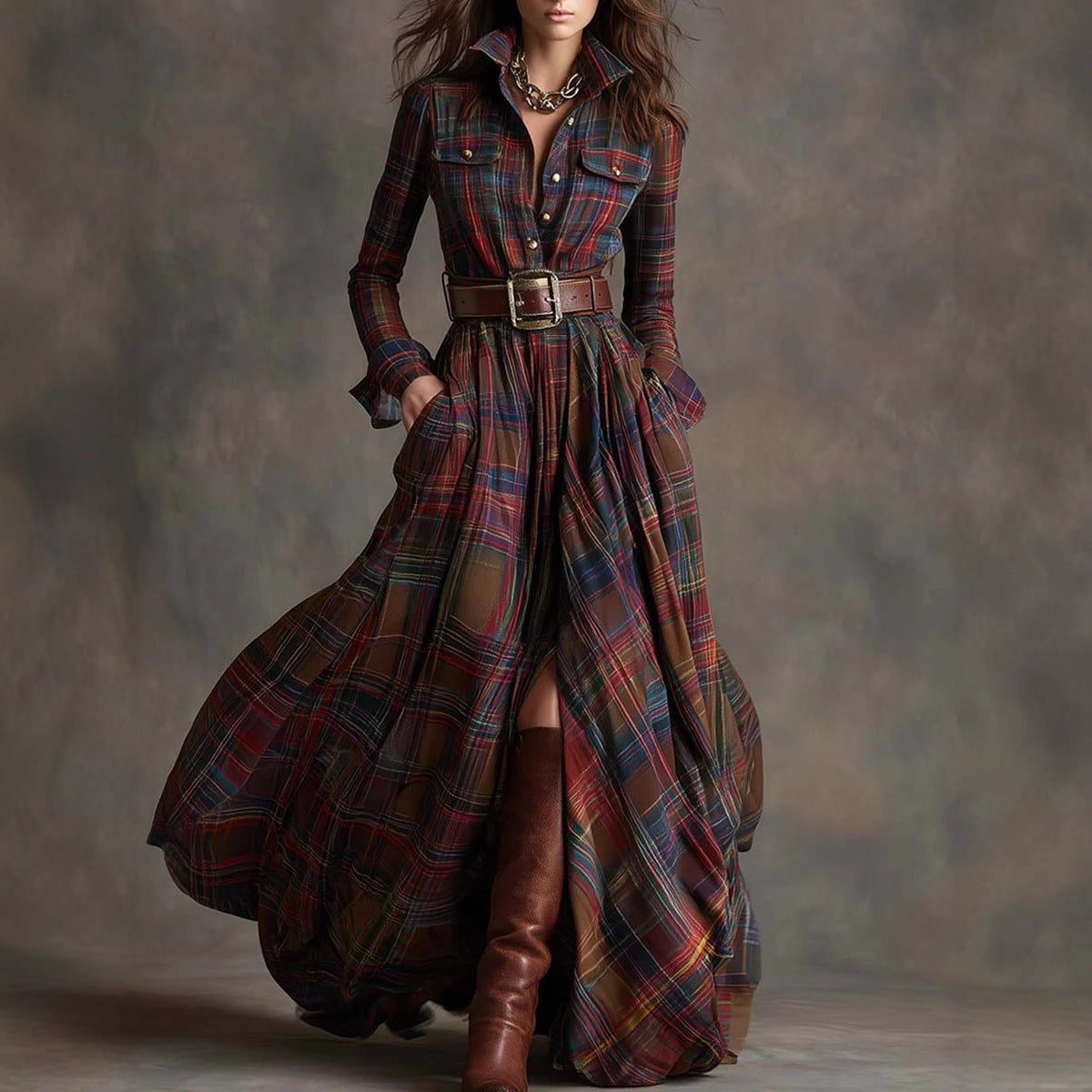 Vestido largo de manga larga con estampado a cuadros Ins, bolsillos de moda, cuello, botones, camisa, vestidos largos, ropa retro para mujer