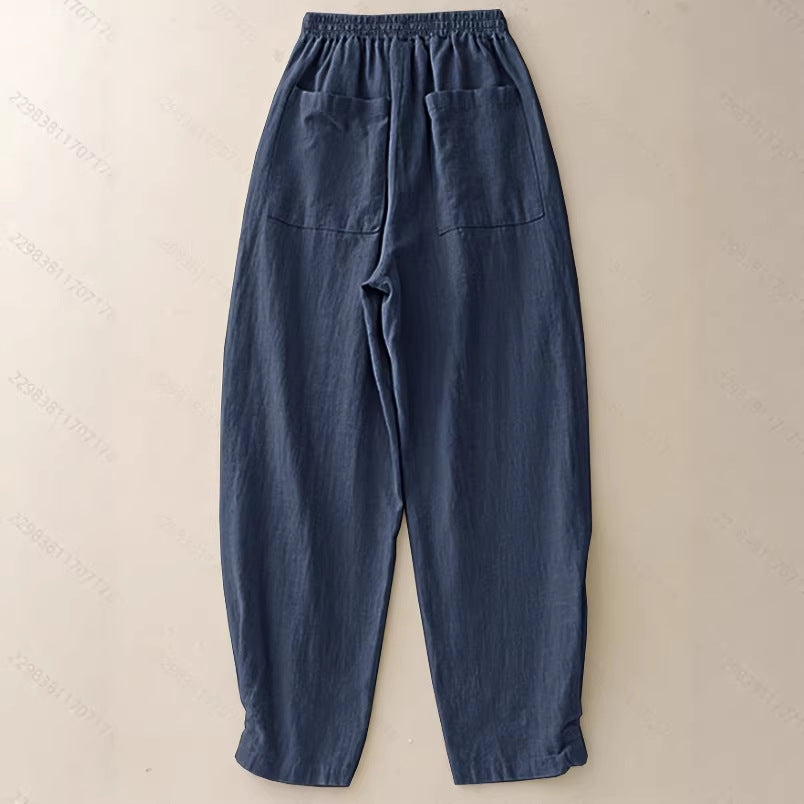 Navy Blue Cotton-Linen Ankle-Cinched Bloomer Pants For Women