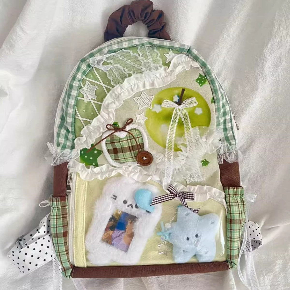 Mochila de gran capacidad de lona a cuadros con retazos de colores contrastantes