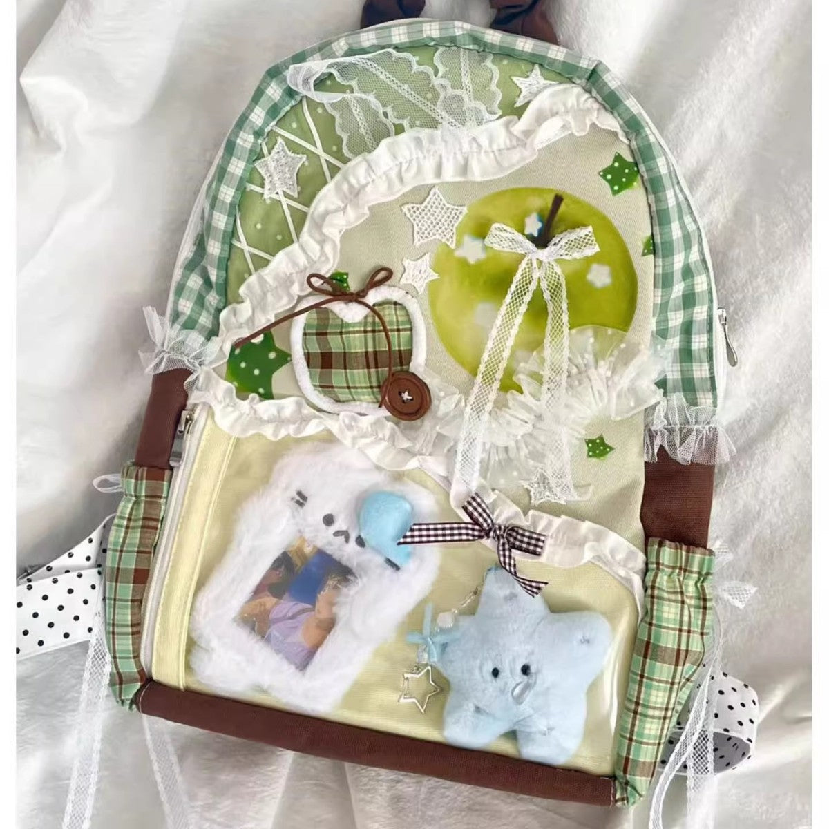 Mochila de gran capacidad de lona a cuadros con retazos de colores contrastantes