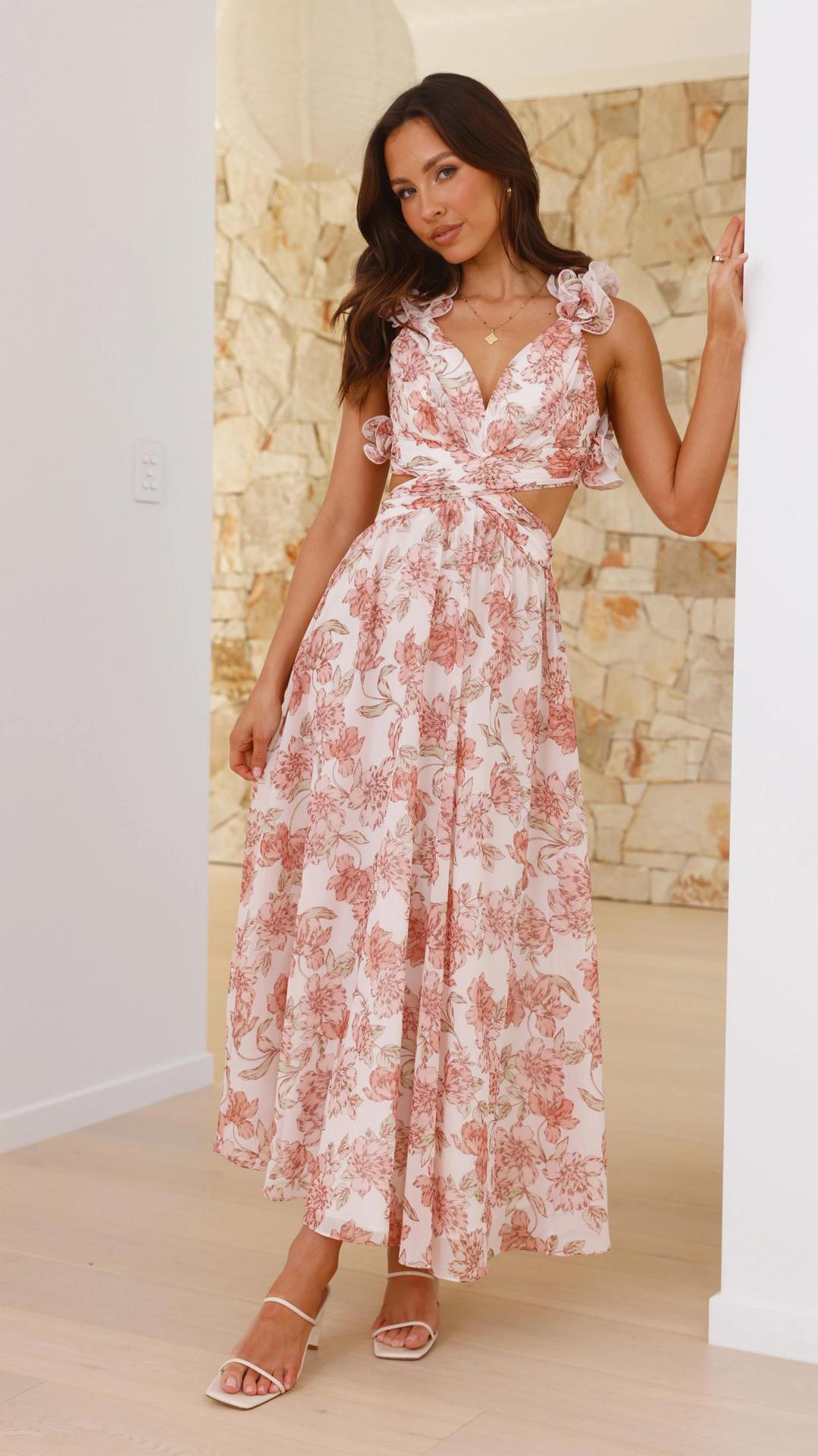 Vestido de chifón floral sin espalda con tirantes cruzados