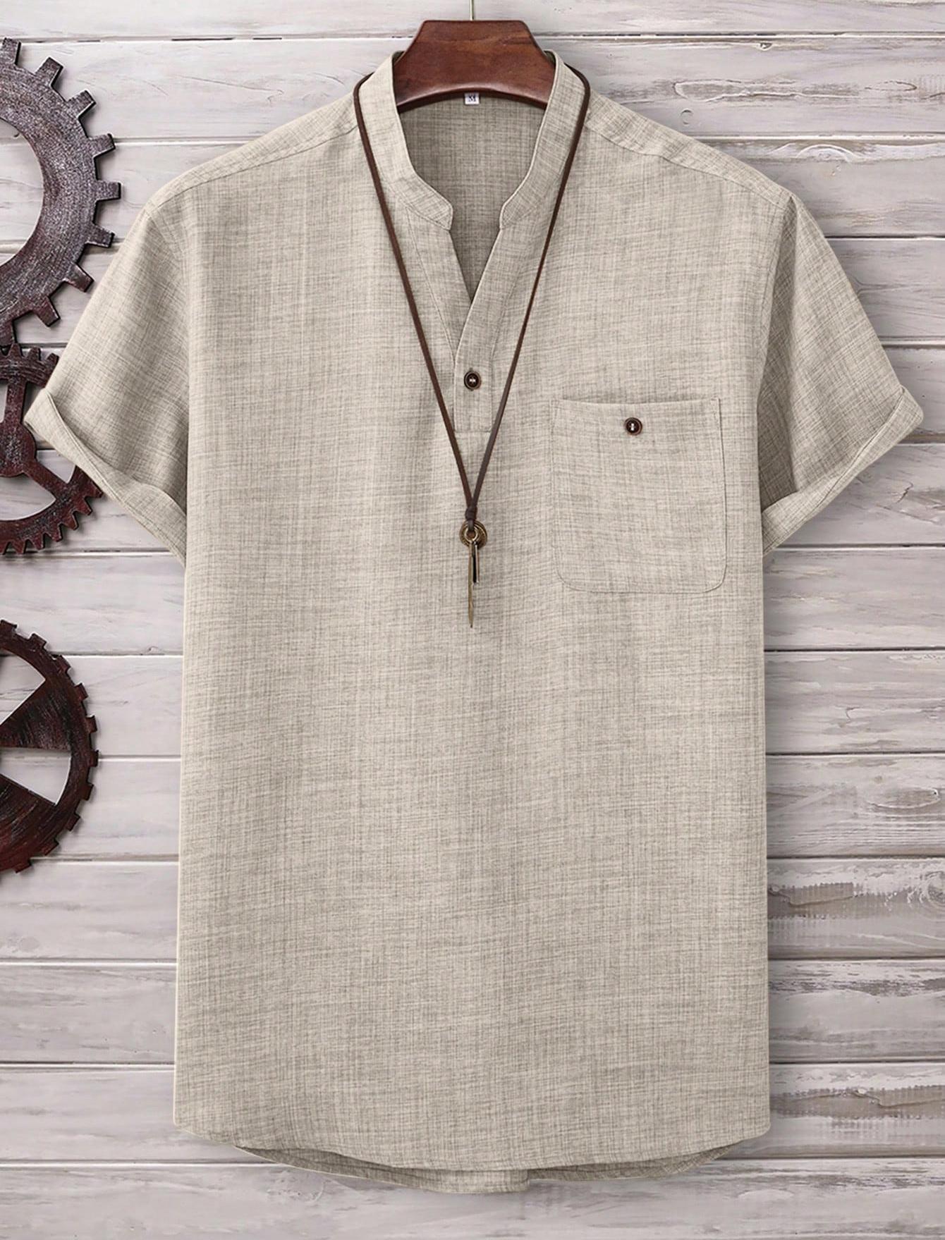 Camisa de manga corta de color liso con cuello vuelto para hombre