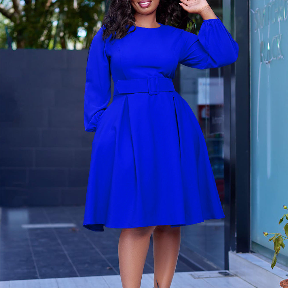 With Belt Long Sleeve Elegant Graceful Round Neck Large Swing Dress