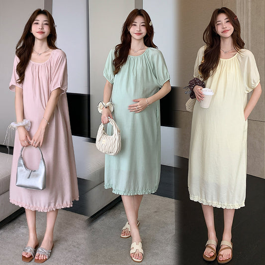 Vestido midi de gasa estilo dulce que rejuvenece con bolsillos