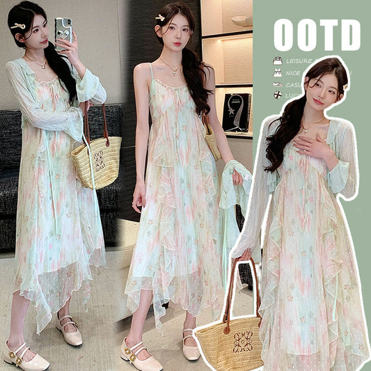 Vestido lencero floral estilo dulce y cárdigan de encaje de dos piezas