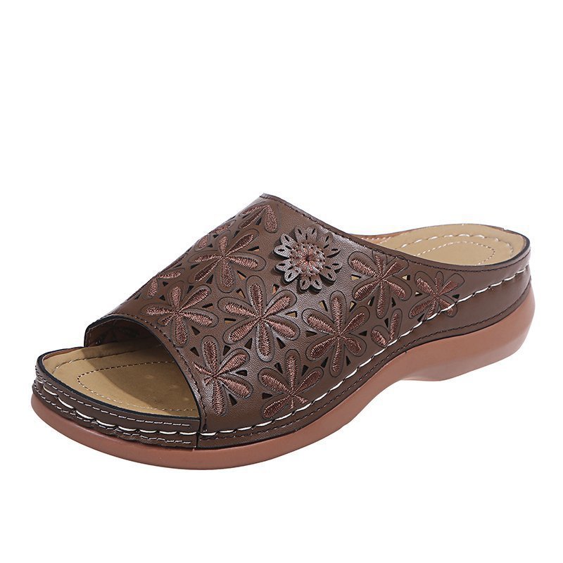 Sandalias de cuña huecas con boca de pez y flores, sandalias y zapatillas para mujer