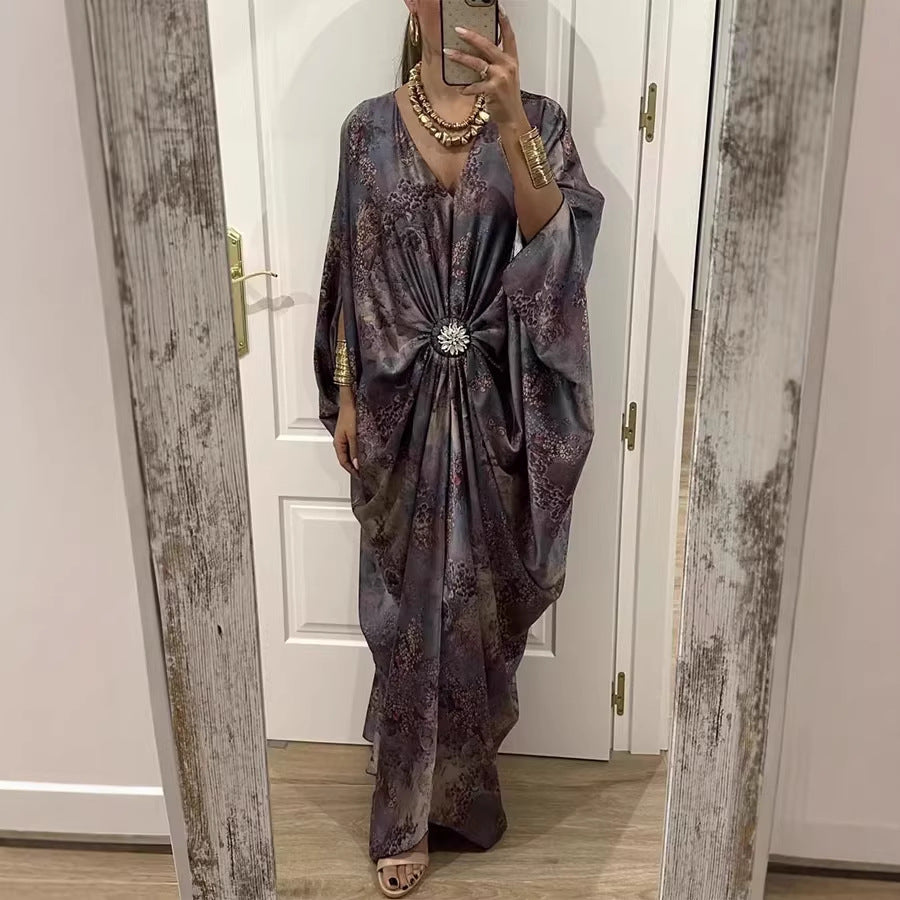 Women's Fashionable Printed Batwing Sleeve Midi Dress